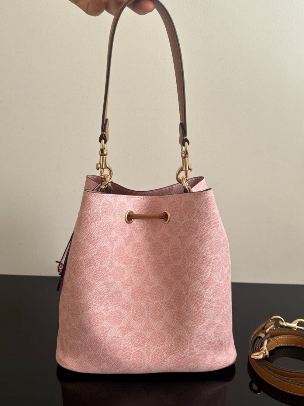 Coach Pink Monogram Drawstring Bucket Bag - Picture 4 of 9